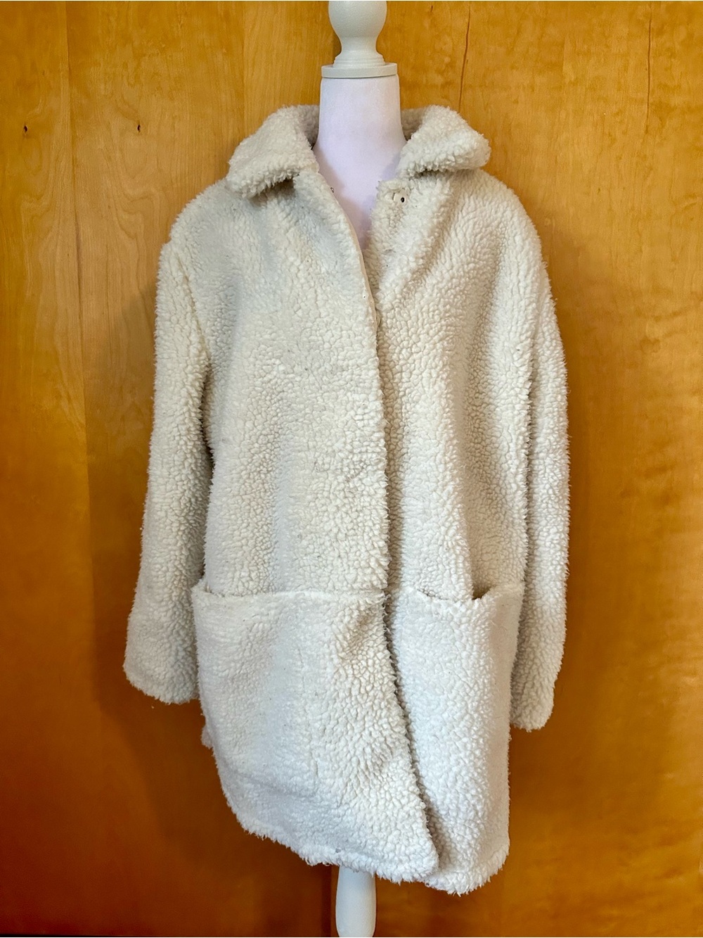 H&M Cream Teddy Sherpa Coat with Patch Pockets